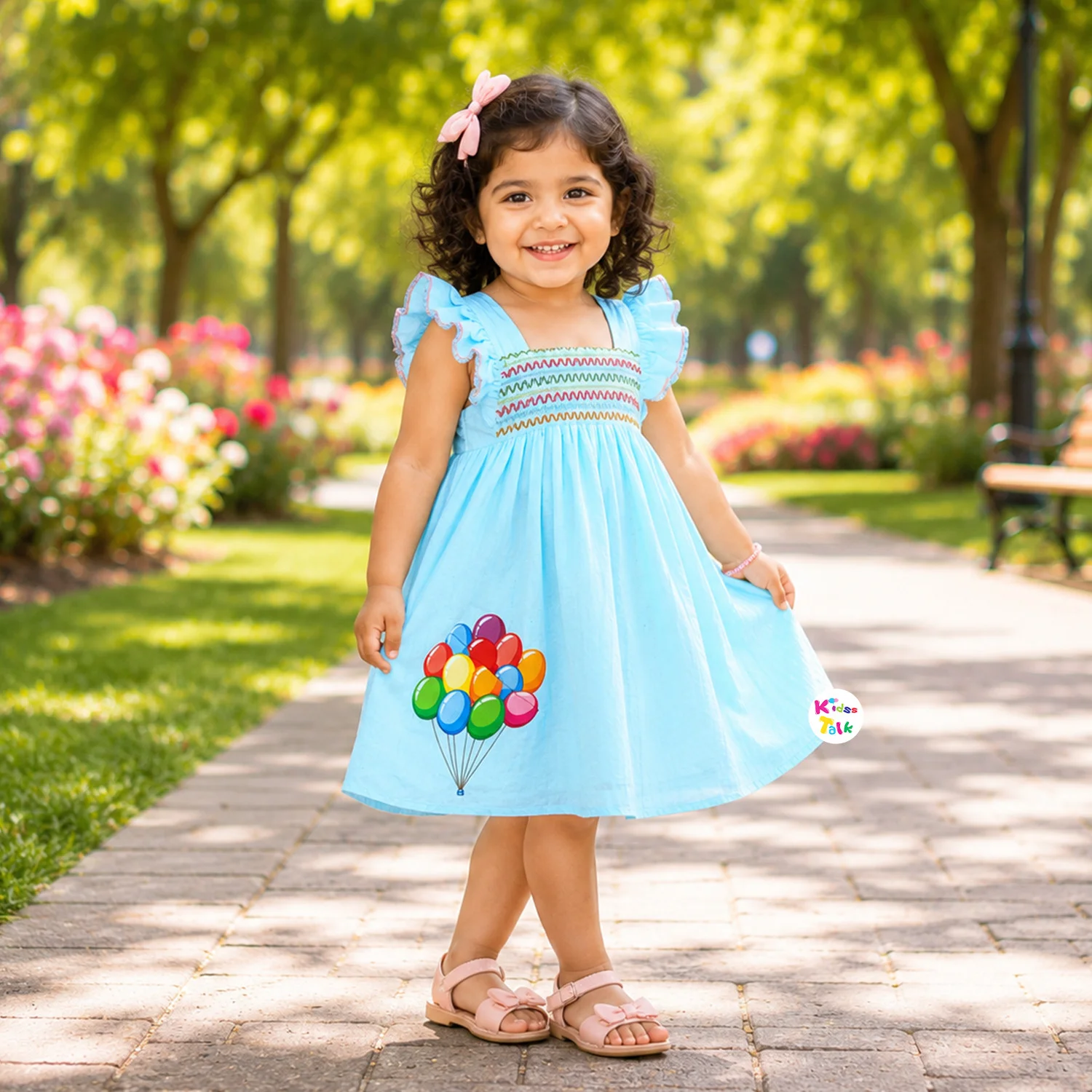 Muslin Ruffle Sleeve Frock With Embroidery - Ice Blue